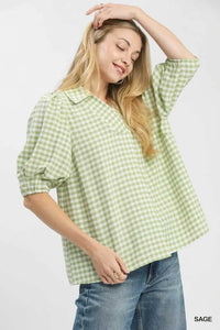 Umgee Gingham Puff Sleeve Collared Blouse 100100078681438 45 Affordable Fashion Under $100 Jerry's Apparel 