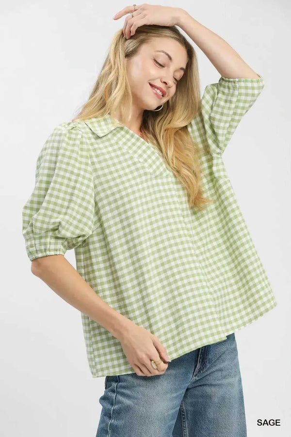 Umgee Gingham Puff Sleeve Collared Blouse 100100078681438 45 Affordable Fashion Under $100 Jerry's Apparel 