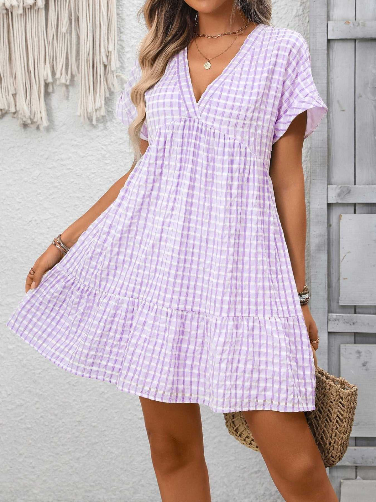 Plaid V-Neck Ruffle Hem Mini Dress 100100856082882 43 Affordable Fashion Under $100 Jerry's Apparel 