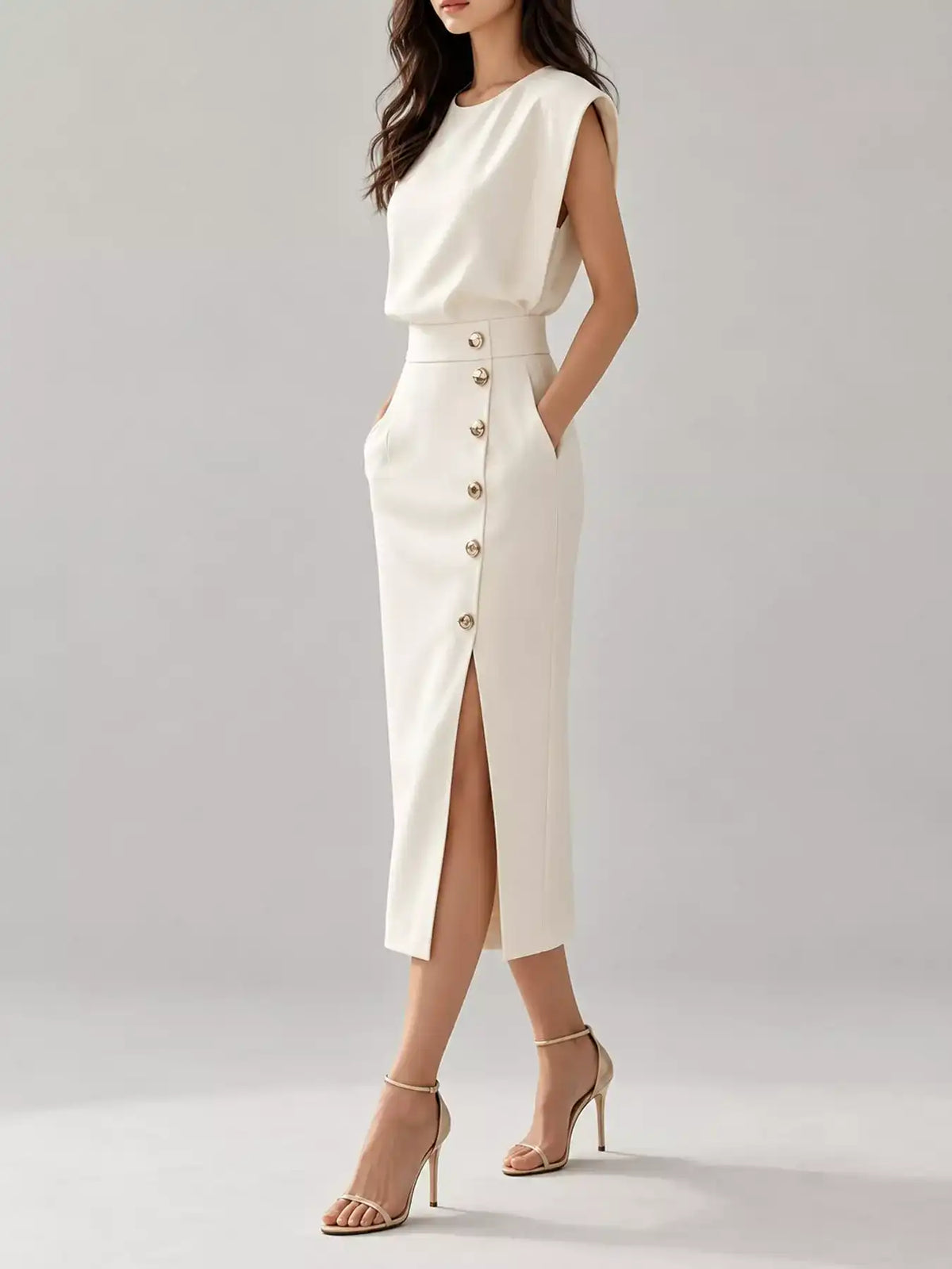 Sleeveless Midi Dress with Gold Button Detail and Side Slit 101001590890082 42 Affordable Fashion Under $100 Jerry's Apparel 
