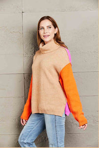 Angel Wings Color Block Turtleneck Slit Sweater