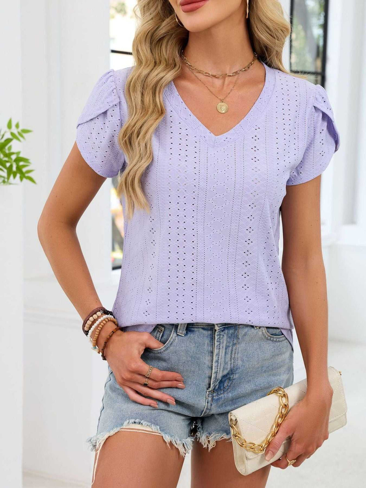 Eyelet Petal Sleeve V-Neck T-Shirt 100100180821182 24 Affordable Fashion Under $100 Jerry's Apparel 