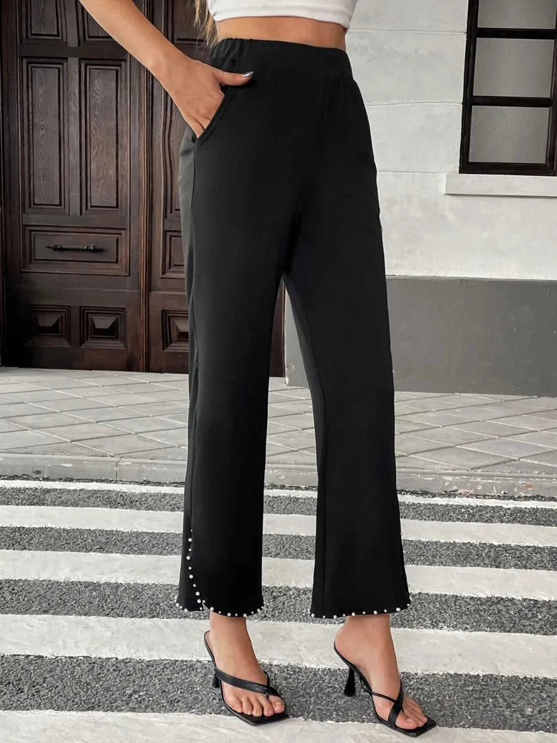 Pearl-Embellished Cropped Wide-Leg Pants 100100730581749 34 Affordable Fashion Under $100 Jerry's Apparel 