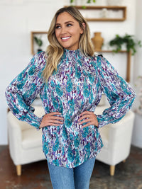 Full Size Printed Smocked Long Sleeve Blouse