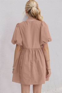 Oh Bow Ruched Puff Sleeve Mini Dress