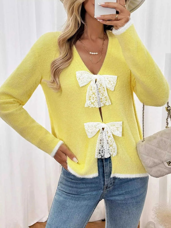 Lace Bow-Tie Front Long Sleeve Cardigan 100100174322844 64 Women's Sweaters and Knitwear Jerry's Apparel 