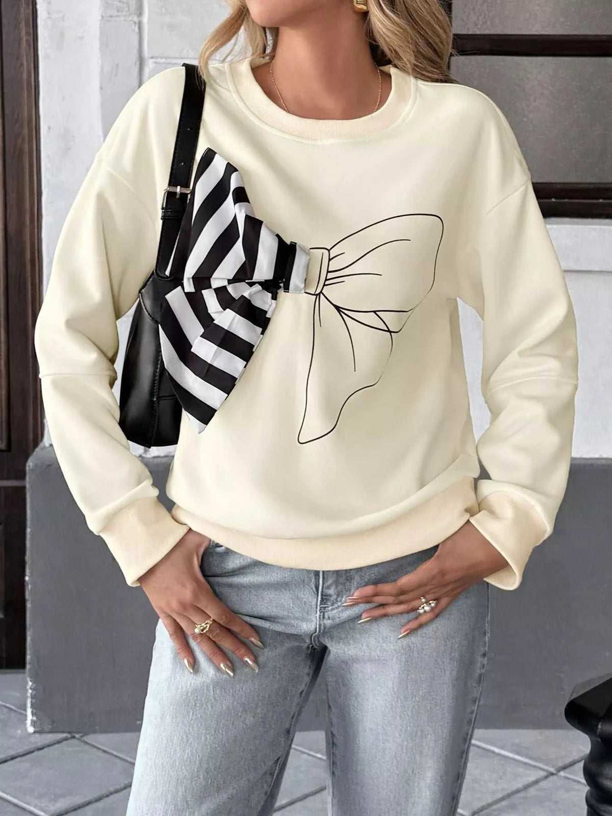 Bow Round Neck Dropped Shoulder Sweatshirt 100100349474048 39 Affordable Fashion Under $100 Jerry's Apparel 