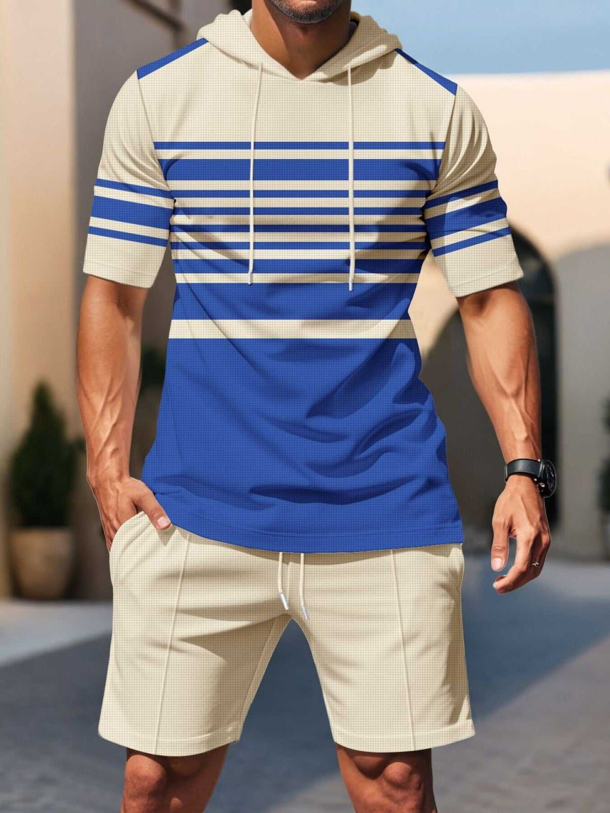 Men's Full Size Striped Short Sleeve Hoodie and Shorts Set Plus Size 100400484165910 43 Men's Sets Jerry's Apparel 