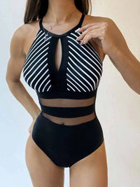 Mesh Detail Backless Striped One-Piece Swimsuit