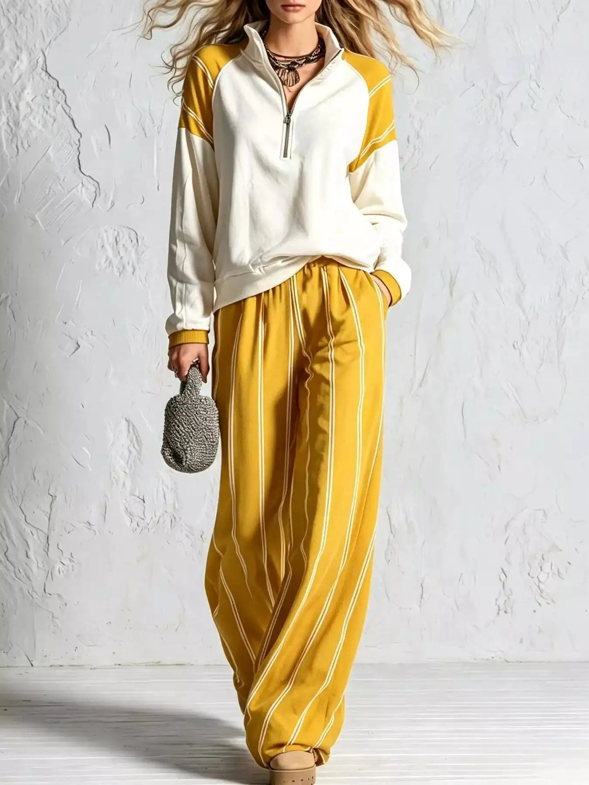 Quarter-Zip Sweatshirt and Striped Wide-Leg Pants Set 101001770702210 73 Affordable Fashion Under $100 Jerry's Apparel 