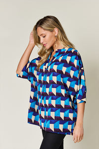 Full Size Geometric Notched Half Sleeve Blouse