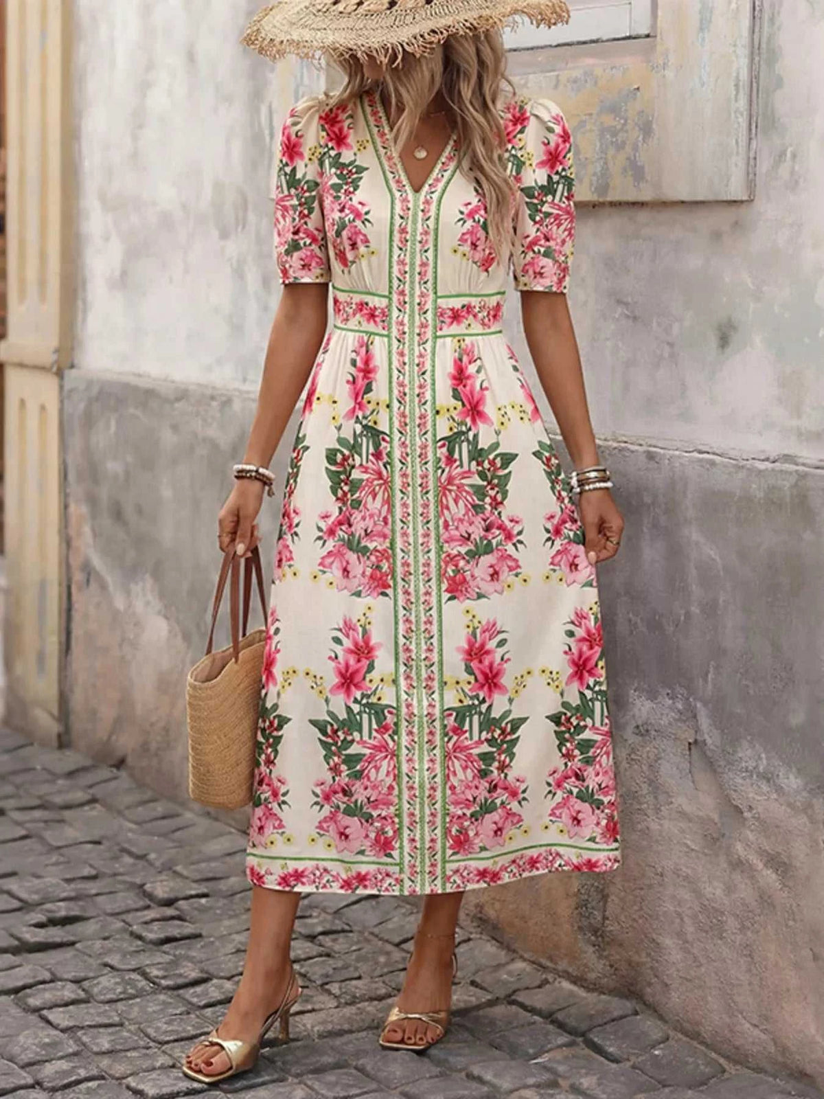 Floral Print V-Neck Midi Dress 100100495492221 32 Women's Midi Dress Affordable Boutique Dresses Under $50 Jerry's Apparel 