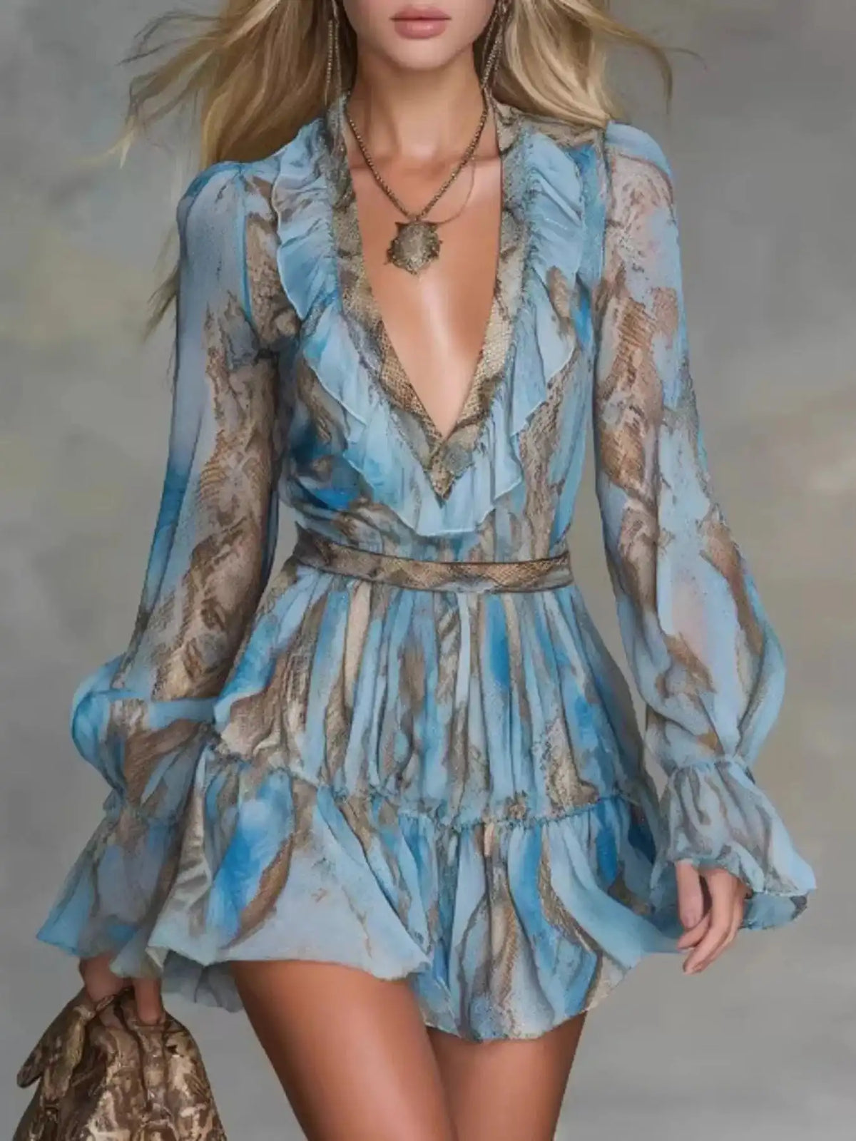 Boho Chic V-Neck Ruffled Long Sleeve Mini Dress 101001344435273 95 Affordable Fashion Under $100 Jerry's Apparel 