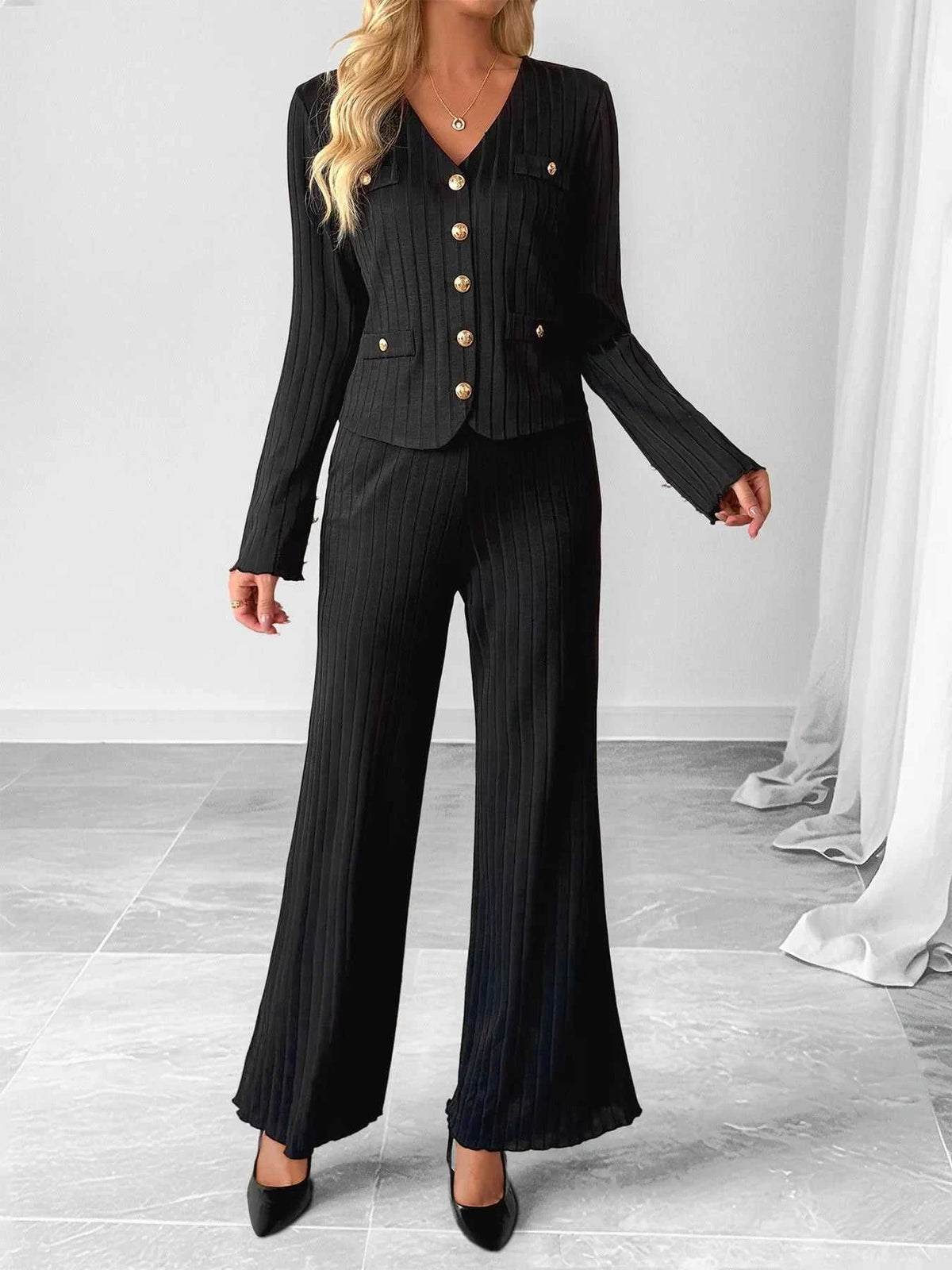 Ribbed Knit Cardigan & Wide Leg Pants Set 100100878127832 56 Affordable Fashion Under $100 Jerry's Apparel 