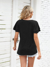 Ruffle Sleeve Keyhole Tie Neck T-Shirt