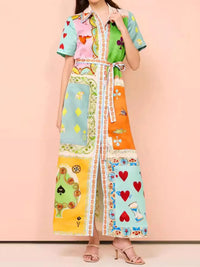 Printed Tie Waist Maxi Shirt Dress