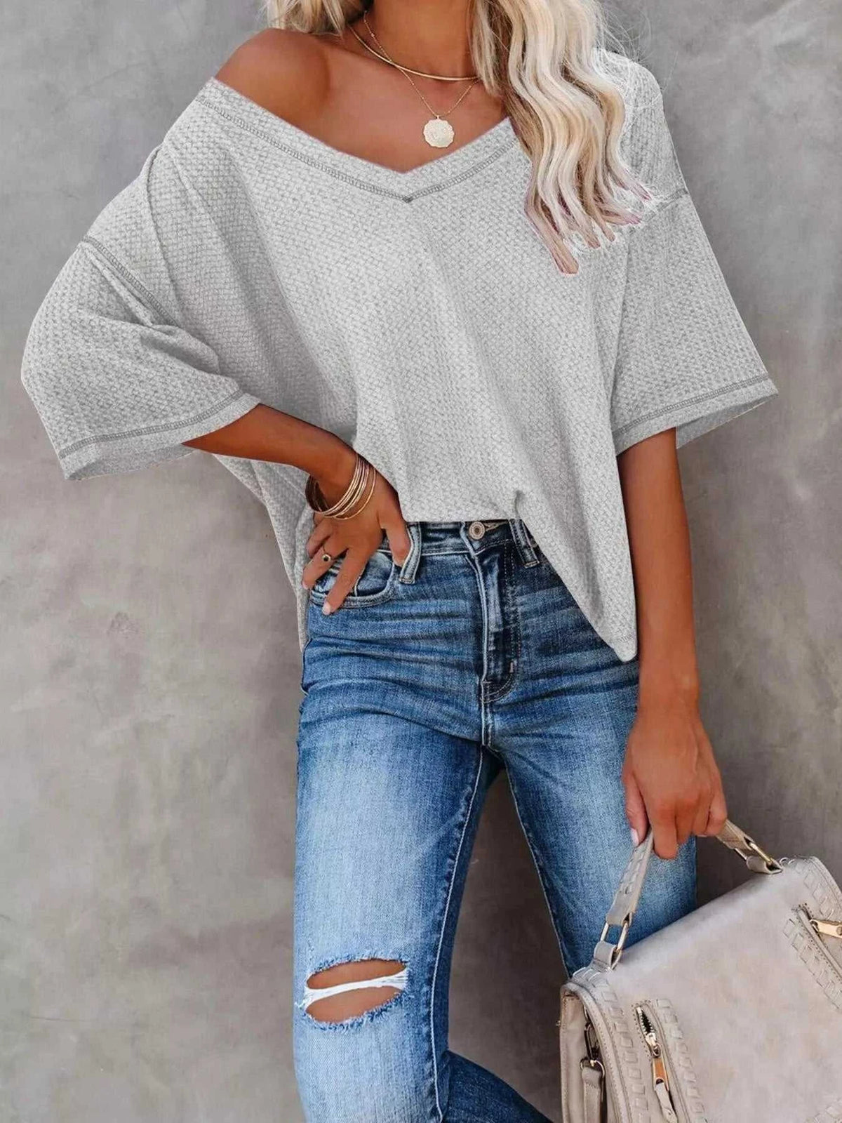 Waffle Knit V-Neck Short Sleeve T-Shirt 100100993990875 26 Affordable Fashion Under $100 Jerry's Apparel 