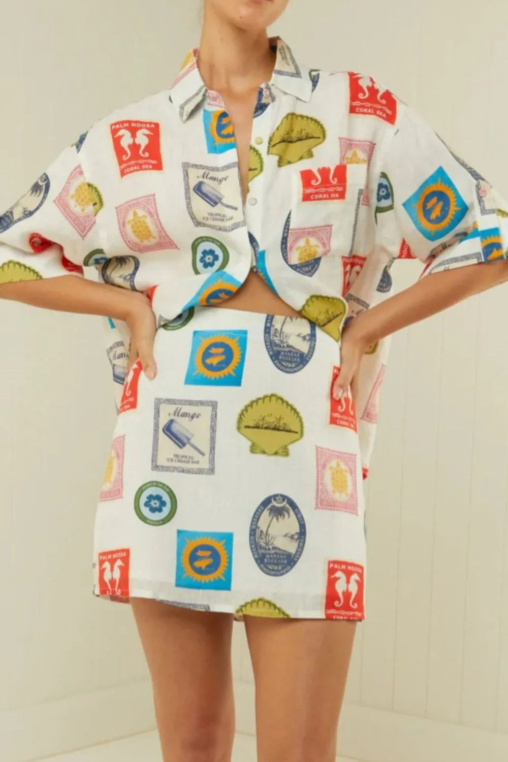 Printed Button Up Shirt and Skirt Set
