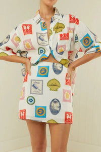 Printed Button Up Shirt and Skirt Set