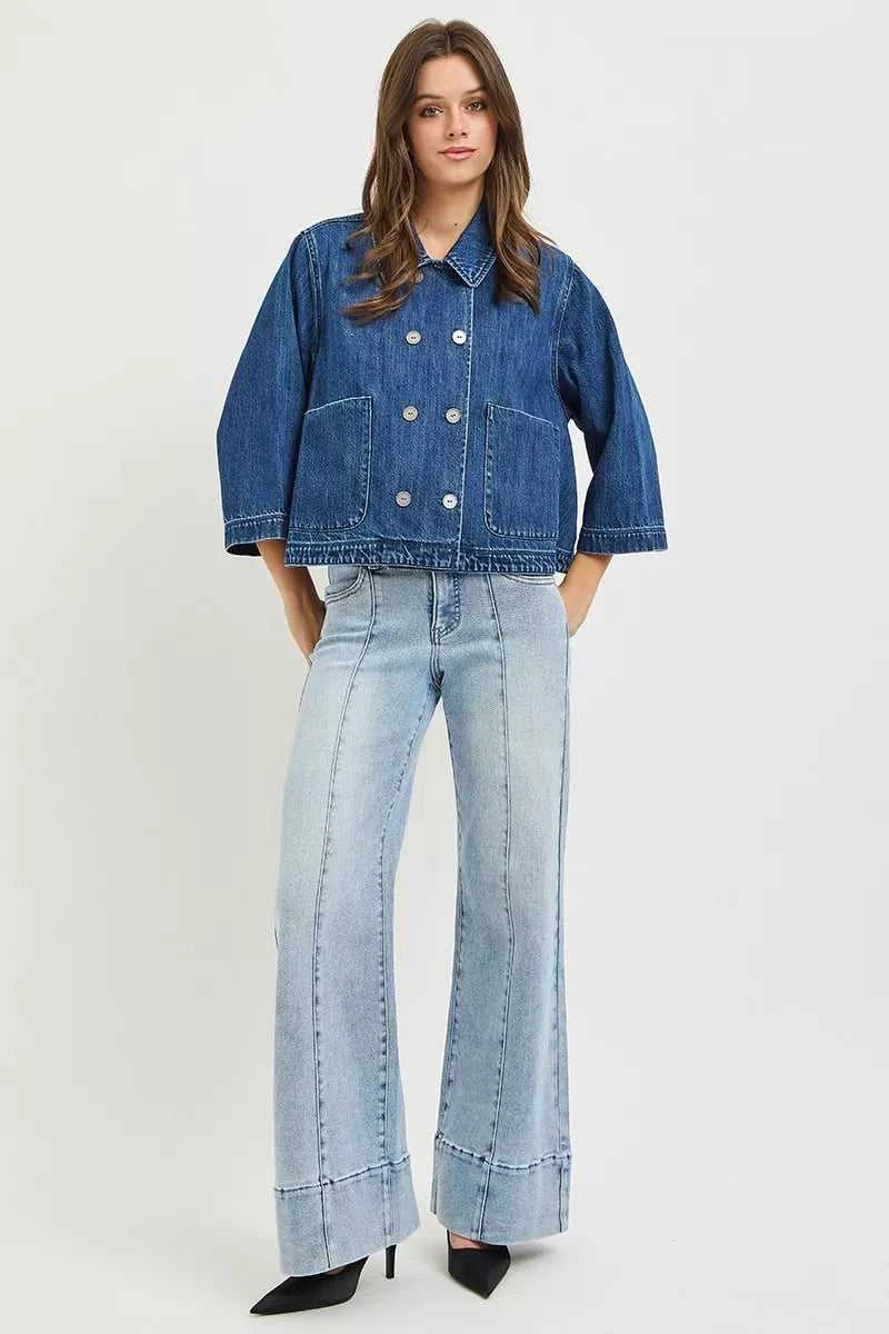 RISEN Double-Breasted Flowy Cropped Denim Jacket 100100941271782 66 Affordable Fashion Under $100 Jerry's Apparel 