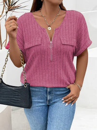 Plus Size Ribbed Half Zip Relaxed Fit T-Shirt