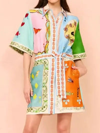 Printed Tie Waist Mini Shirt Dress
