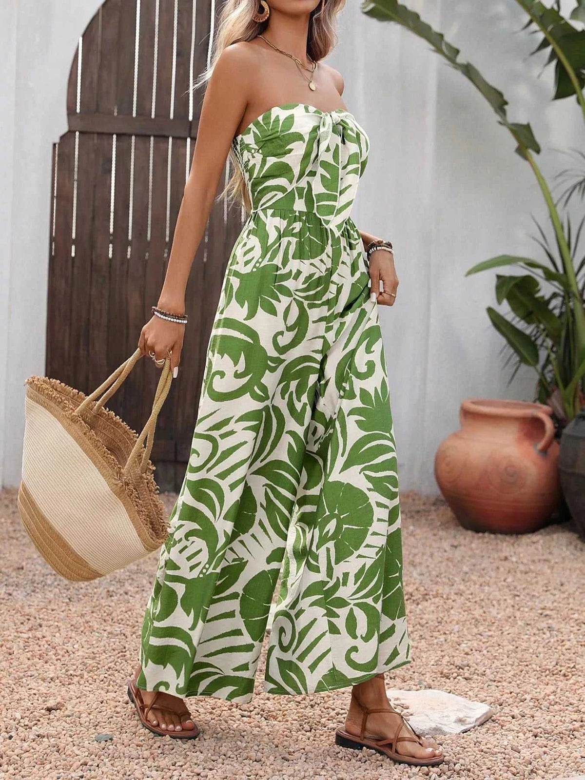 Tropical Print Tie Front Strapless Wide Leg Jumpsuit 100100436882883 40 Affordable Fashion Under $100 Jerry's Apparel 