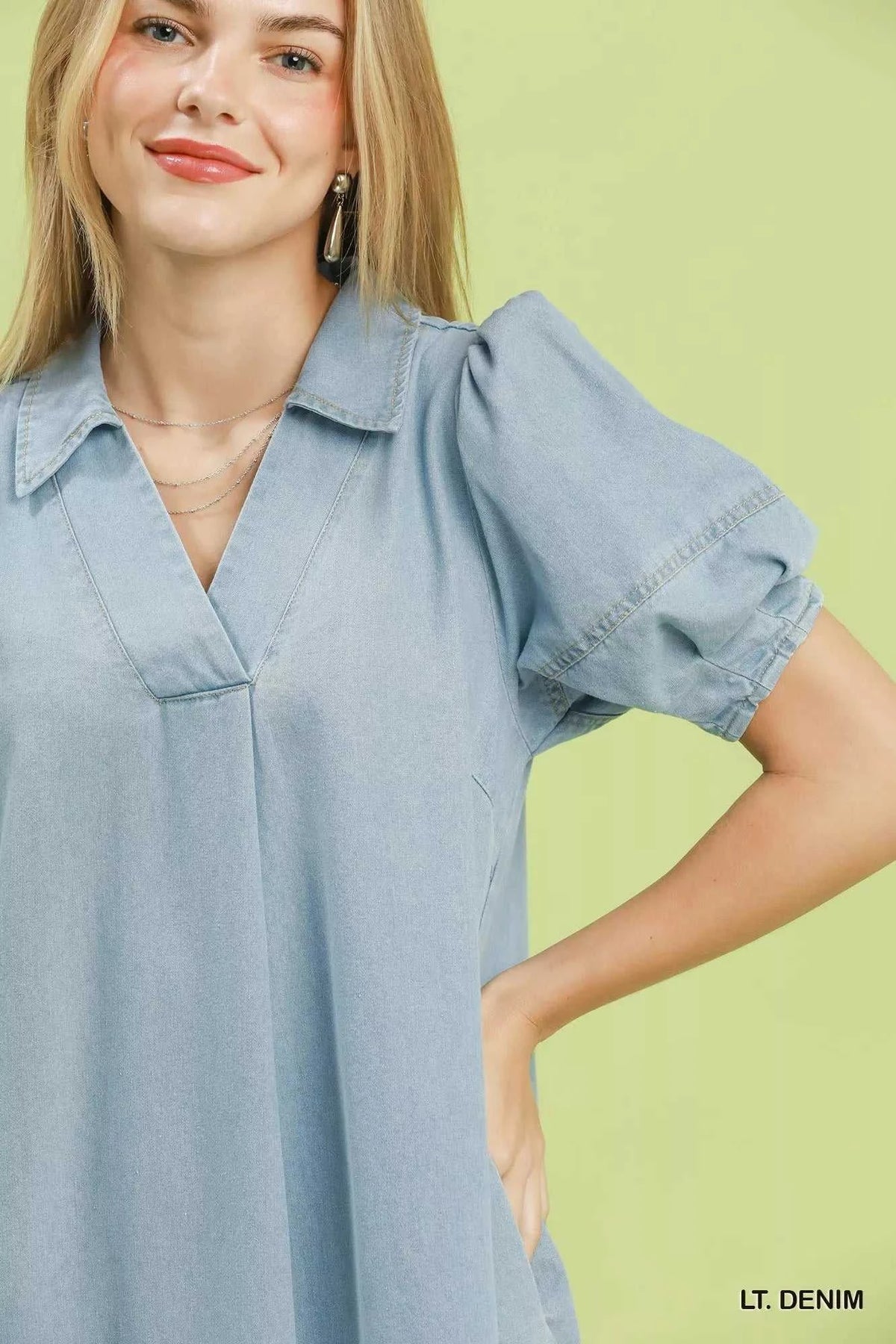 Umgee Chambray Collared Puff Sleeve Dress 100100937161574 64 Affordable Fashion Under $100 Jerry's Apparel 