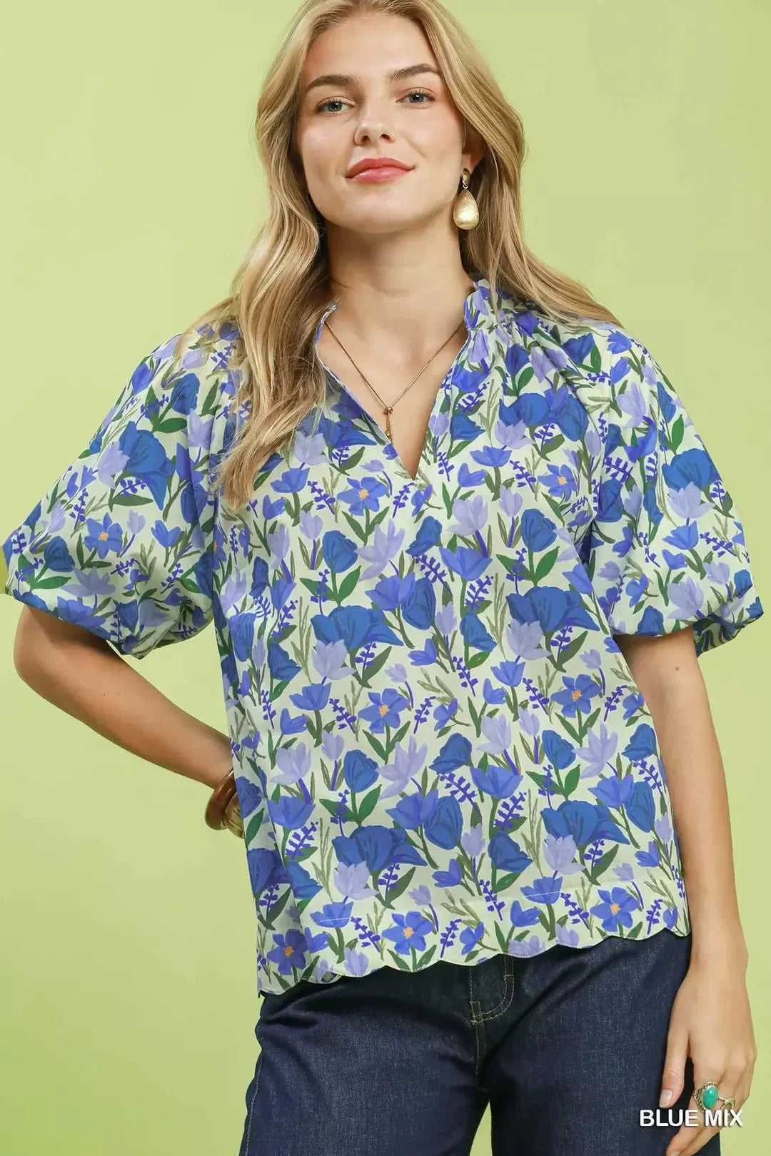 Umgee Floral Puff Sleeve Blouse with Scalloped Details 100100467791063 53 Affordable Fashion Under $100 Jerry's Apparel 