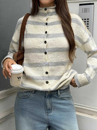 Striped Mock Neck Button-Down Textured Cardigan 101002484297323 53 Affordable Fashion Under $100 Jerry's Apparel 