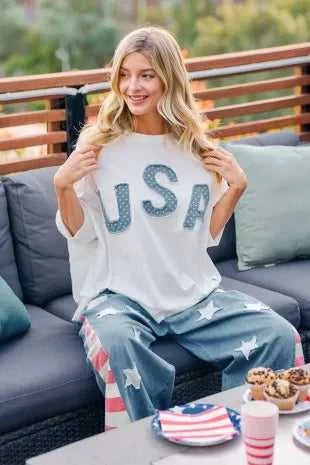 BiBi 4th Of July Usa Letter Patchwork French Terry Top 100100635501873 52 Gifts for Her Jerry's Apparel 