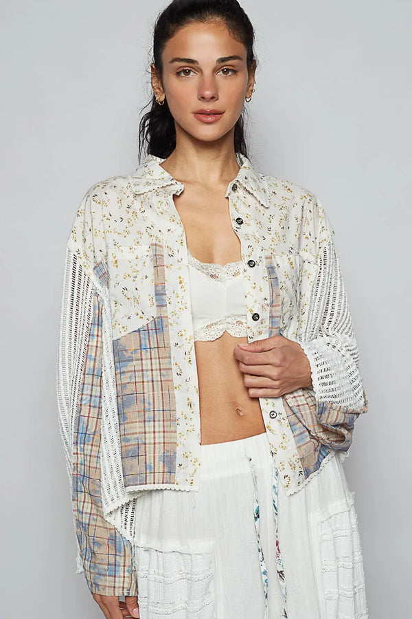 POL Floral Slit Back Plaid Patchwork Shirt