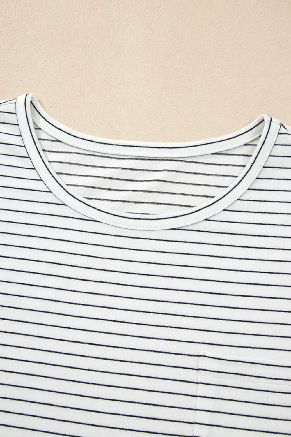 Stripe Cap Sleeve Crew Neck Casual Tee with Chest Pocket