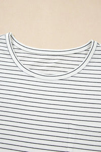 Stripe Cap Sleeve Crew Neck Casual Tee with Chest Pocket