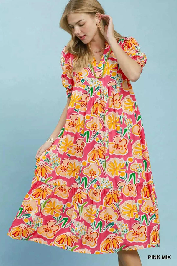 Umgee Floral Print Puff Sleeve Tiered Midi Dress 100100170091509 64 Affordable Fashion Under $100 Jerry's Apparel 