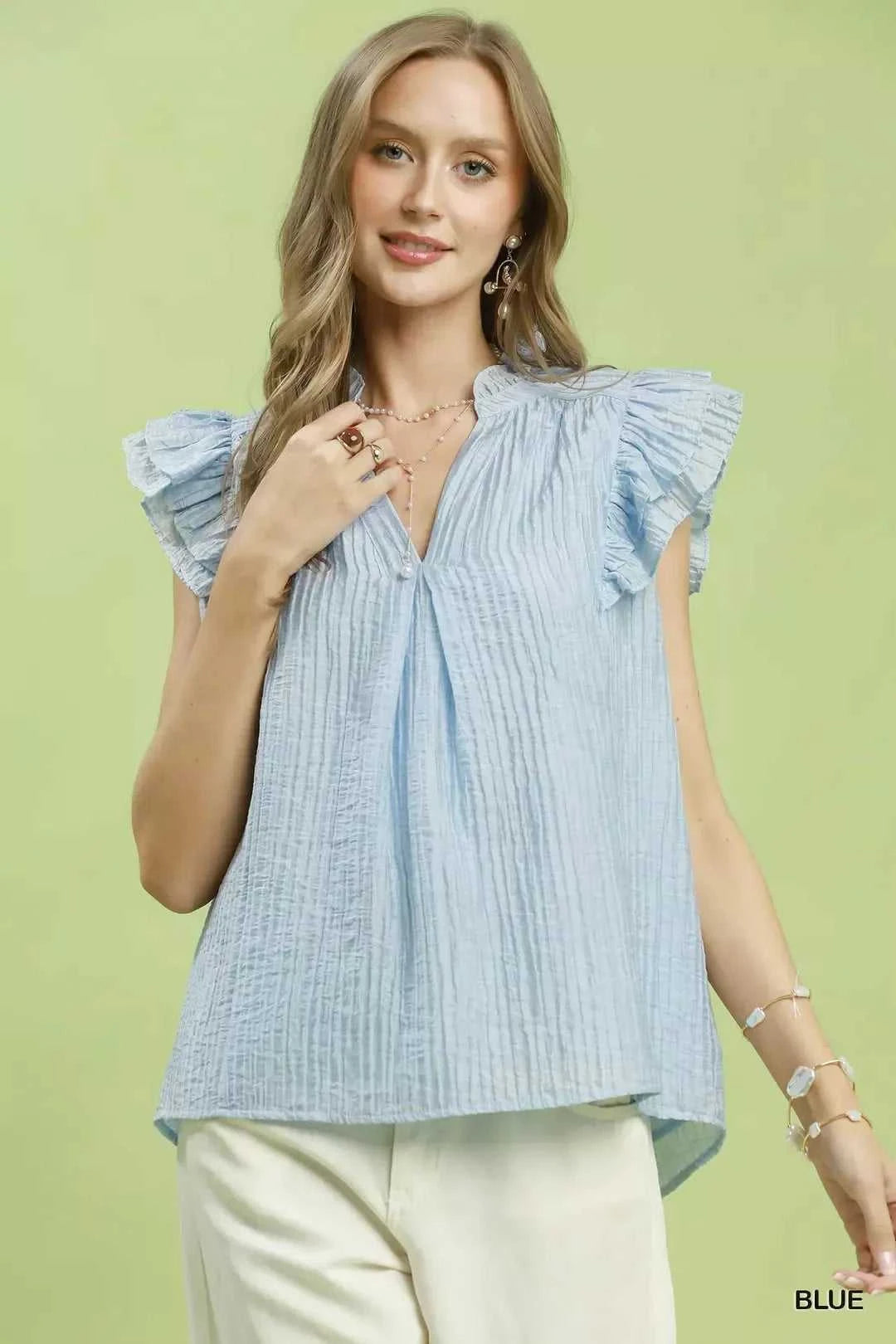 Umgee Textured Ruffle Sleeve Split V Neck Top 100100351651001 51 Affordable Fashion Under $100 Jerry's Apparel 
