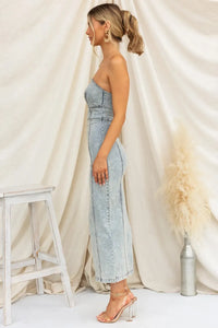 Washed Slit Back Tube Denim Dress