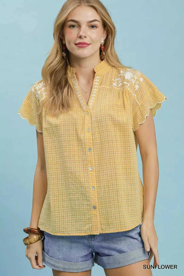 Umgee Embroidered Print Scallop Sleeve Button Front Blouse 100100386921857 51 Affordable Fashion Under $100 Jerry's Apparel 