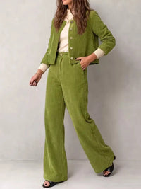 Full Size Corduroy Button-Down Jacket and Wide-Leg Pants Two-Piece Set Plus Size 101001217256067 73 Women's Pants Set Gifts for Her Jerry's Apparel 