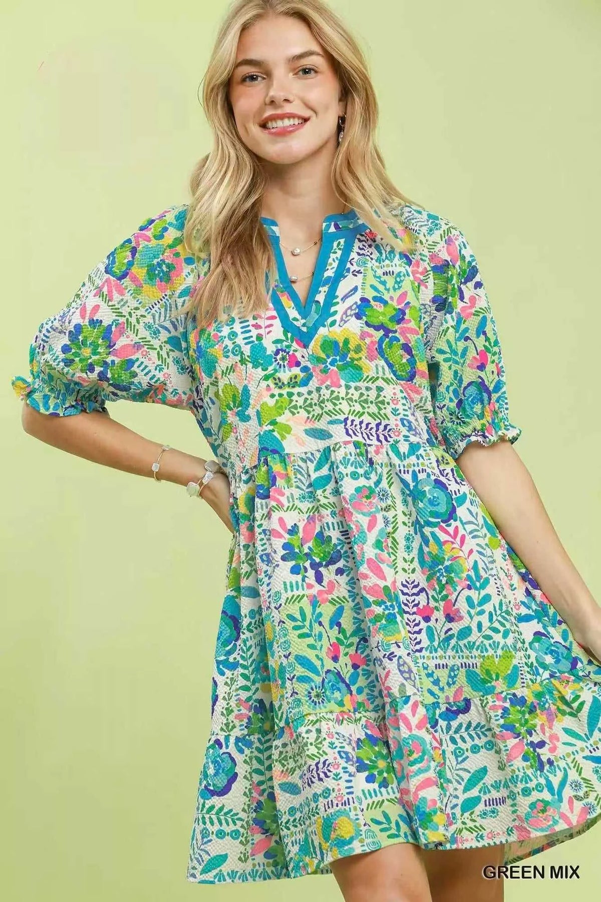 Umgee Mix Botanical Print Puff Sleeve Tiered Dress 100100382521244 62 Affordable Fashion Under $100 Jerry's Apparel 