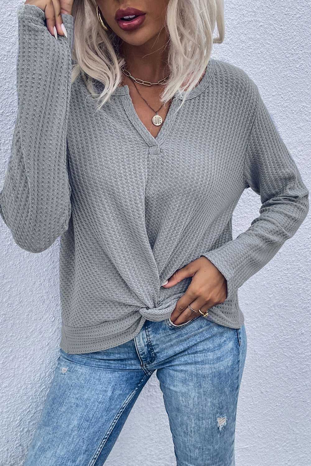 Perfee Twist Front Long Sleeve Waffle Knit Top 100100044696095 26 Affordable Fashion Under $100 Jerry's Apparel 