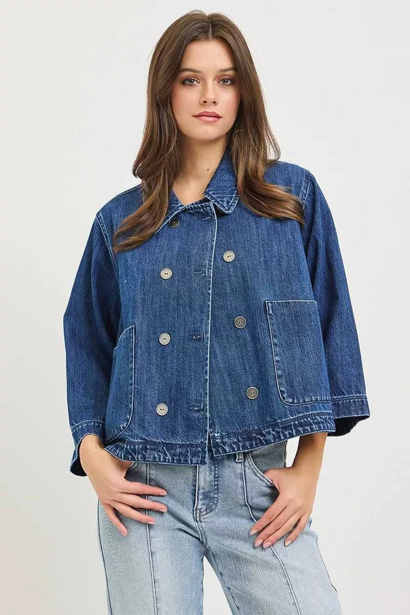 RISEN Double-Breasted Flowy Cropped Denim Jacket 100100941271782 66 Affordable Fashion Under $100 Jerry's Apparel 