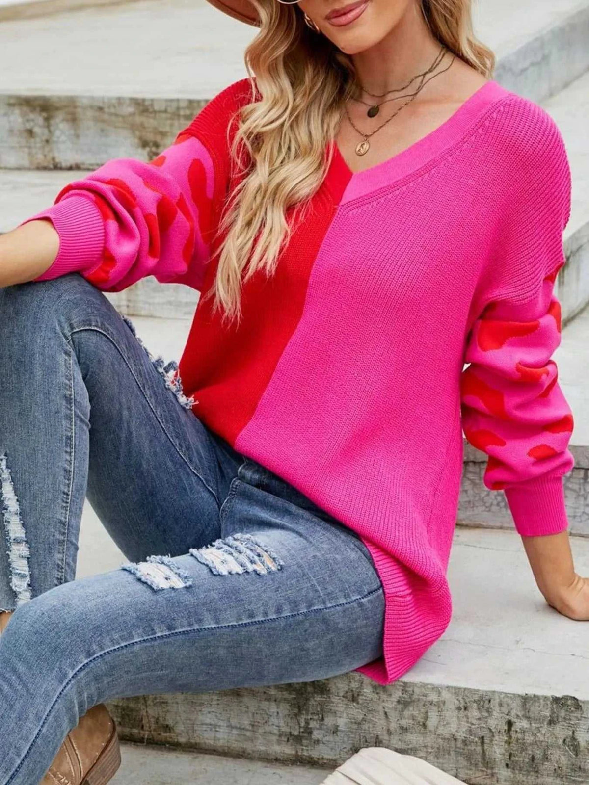 Color Block Leopard V-Neck Sweater 100100795631959 48 Affordable Fashion Under $100 Jerry's Apparel 