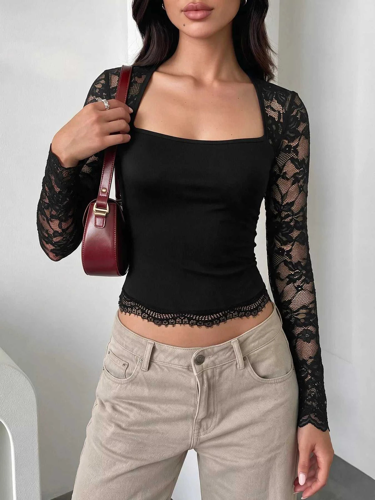 Lace Sleeve Square Neck Top 100100211394789 35 Affordable Fashion Under $100 Jerry's Apparel 