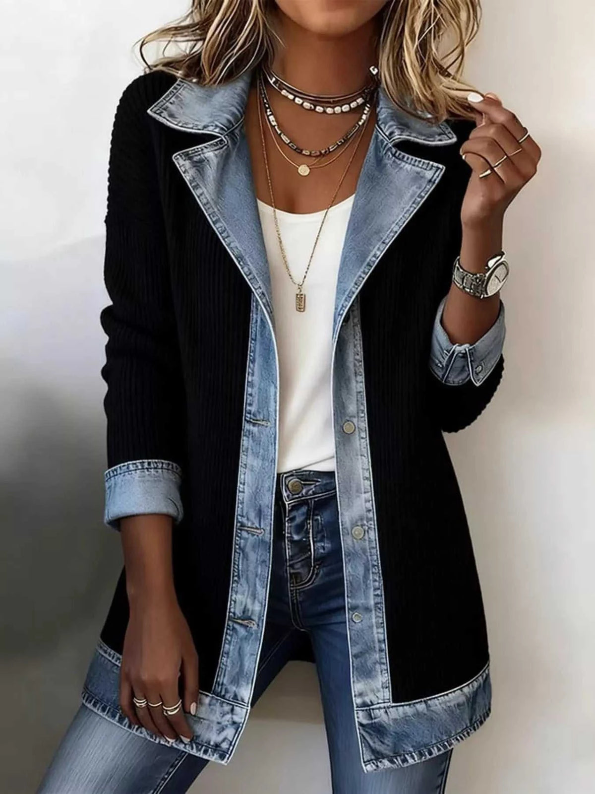 Full Size Denim Trim Ribbed Knit Jacket Plus Size 101001578991997 43 Affordable Fashion Under $100 Jerry's Apparel 