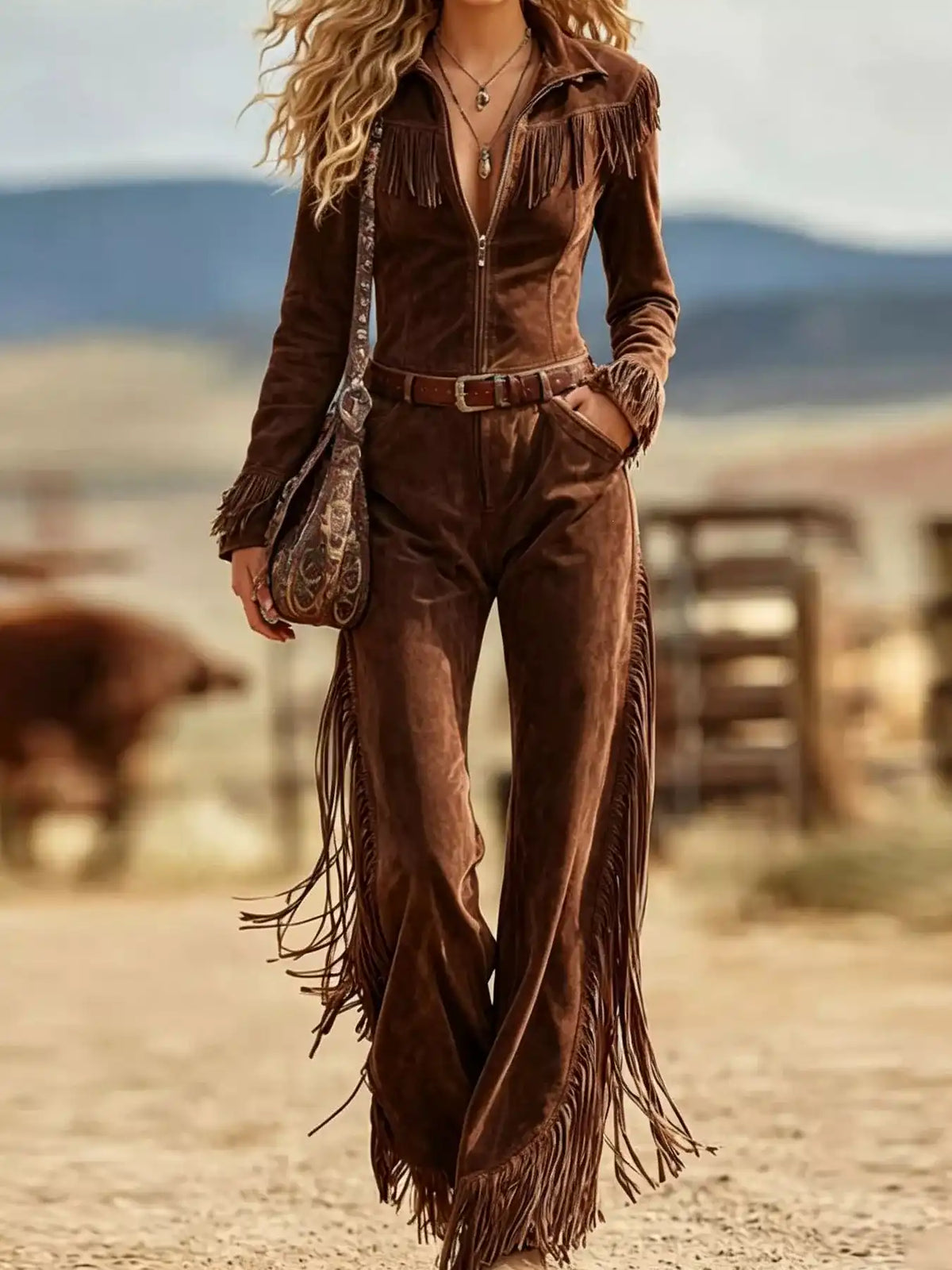 Western-Inspired Suede Fringe Jumpsuit with Zipper Front 101001816783054 101 Birthday Outfit Ideas Jerry's Apparel 