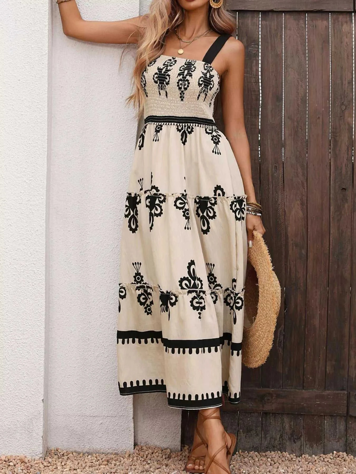 Smocked Wide Strap Tiered Dress 100100765020271 44 Jerry's Apparel 