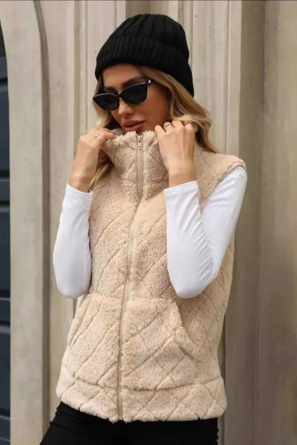 Fuzzy Plaid Texture Zip Up Vest Coat 100100915540550 35 Affordable Fashion Under $100 Jerry's Apparel 