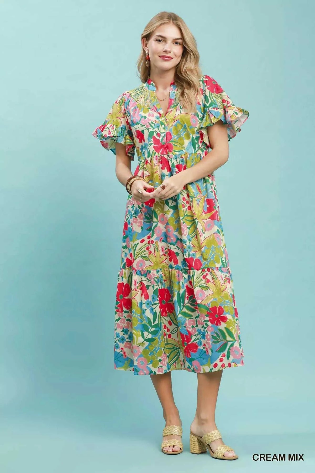 Umgee Tropical Floral Ruffle Sleeve Tiered Midi Dress 100100608541744 64 Affordable Fashion Under $100 Jerry's Apparel 