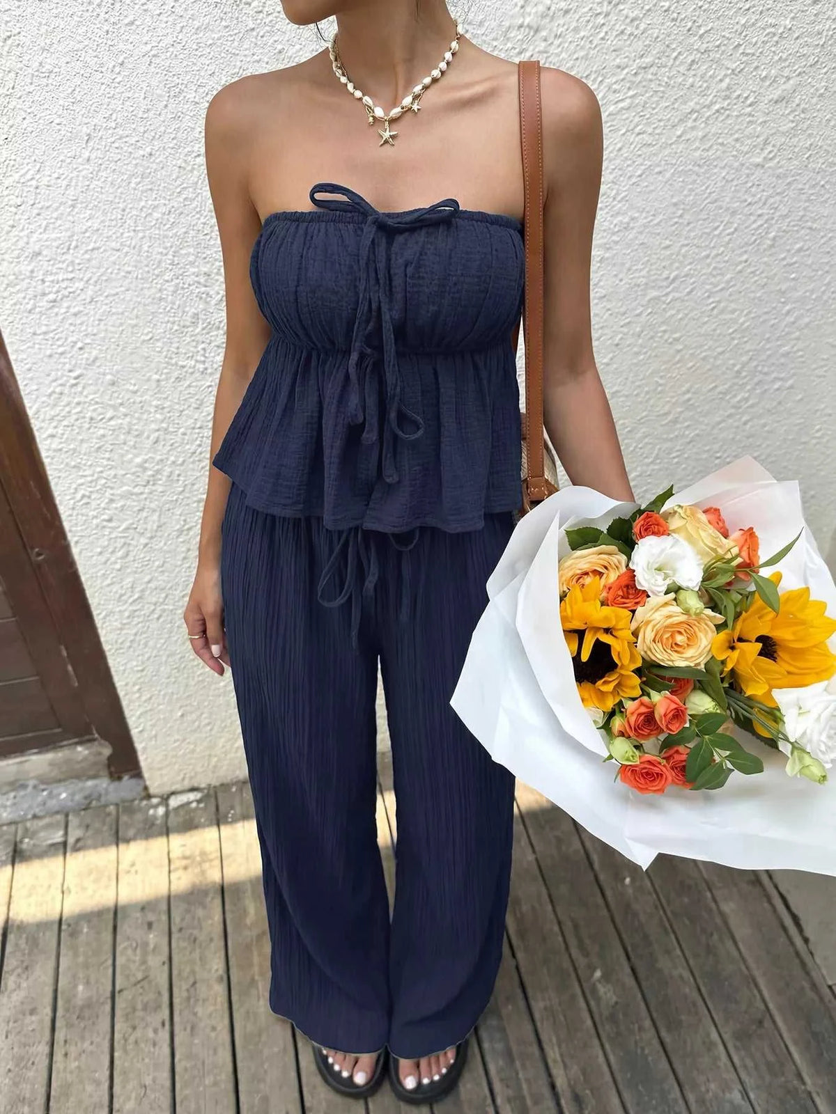 Textured Tube Top & Wide Leg Pants Set 100100753073770 41 Affordable Fashion Under $100 Jerry's Apparel 